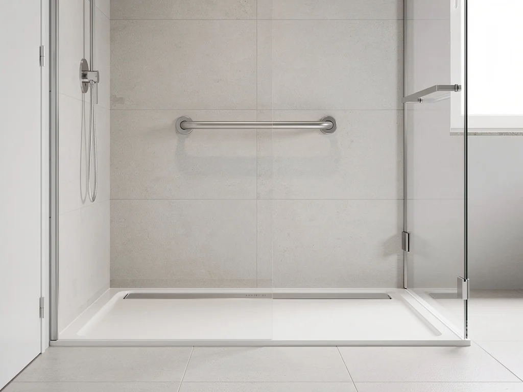 Douche PMR de plain-pied sans ressaut, receveur extra-plat et sol antidérapant