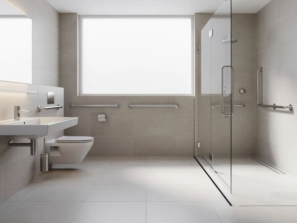 Salle de bain accessible en fauteuil roulant avec douche à l'italienne et aire de rotation