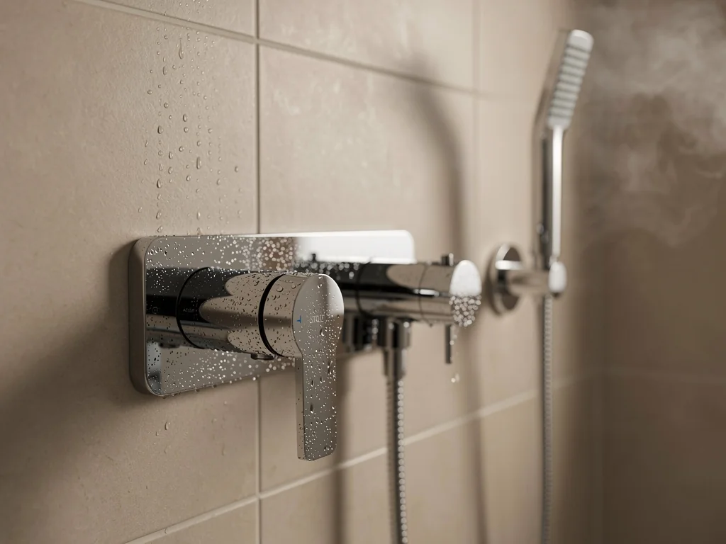 Mitigeur thermostatique anti-brûlure posé à hauteur accessible dans une douche sécurisée