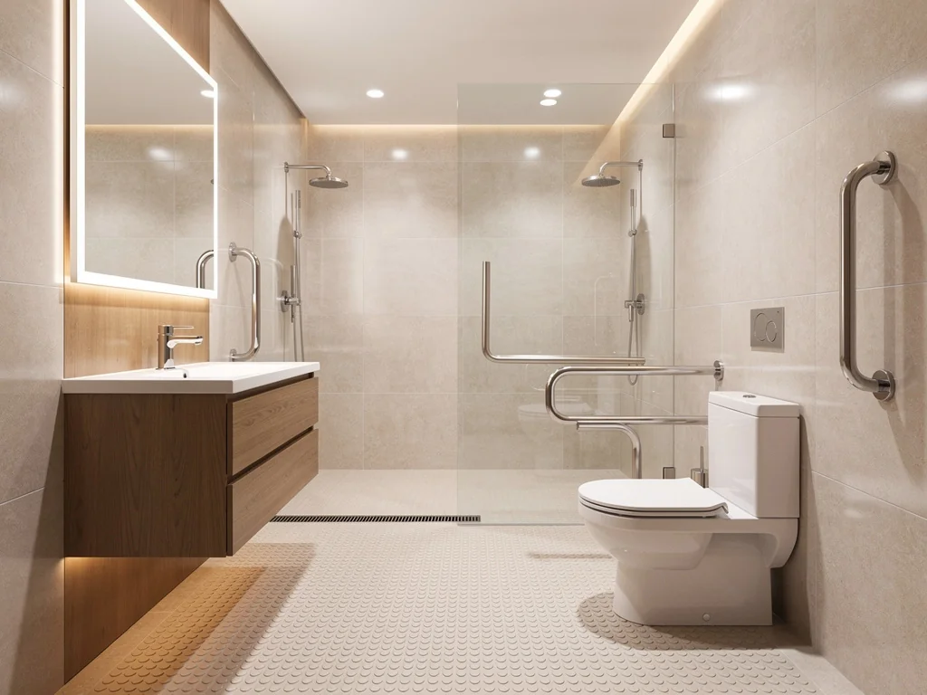 Salle de bain adaptée lumineuse aux finitions modernes avec WC rehaussé